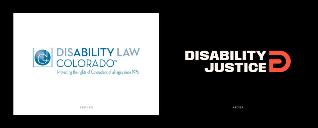 Disability Justice logo before and after.
