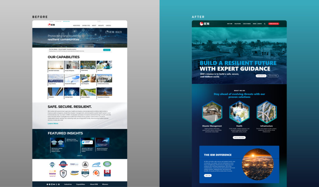IEM website redesign before and after comparison.